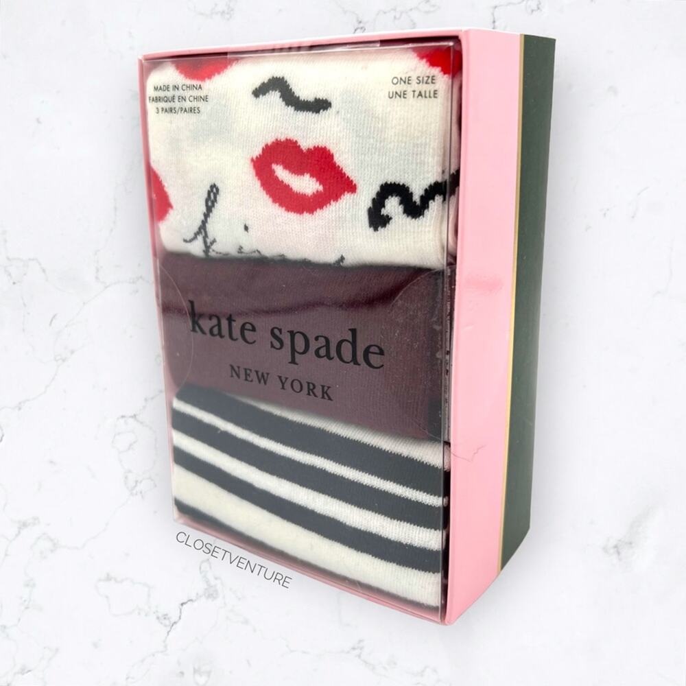 Kate Spade Crew Lips Print Striped Solid 3 Pairs Crew Socks Gift Box